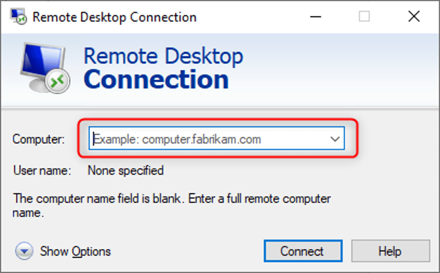 Windows Remote Desktop Connection dialog box with a blank Computer name field