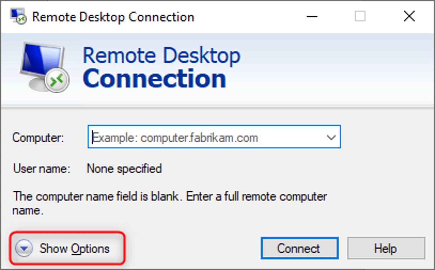 Windows Remote Desktop Connection dialog box with Computer field blank and Show Options button highlighted