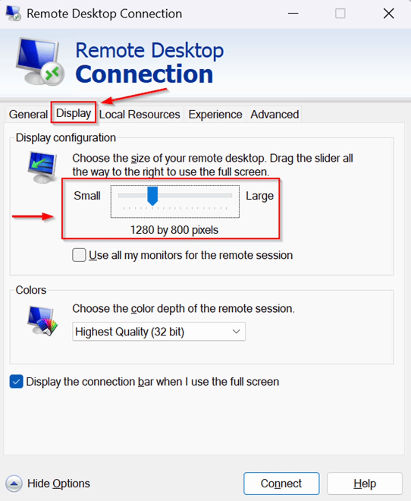 Remote Desktop Connection window showing the Display tab with resolution slider set to 1280 by 800 pixels
