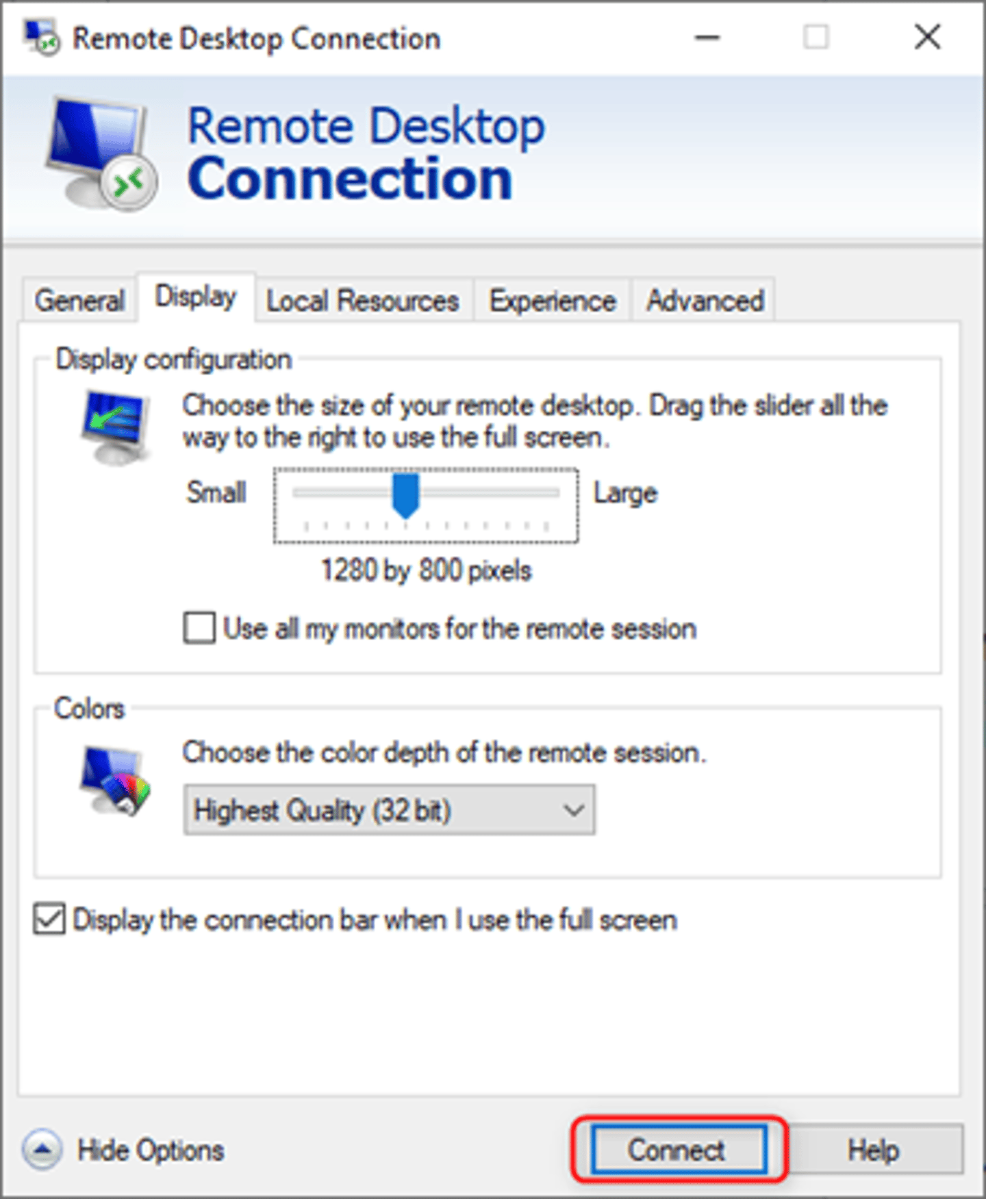 Remote Desktop Connection window showing Display tab with resolution set to 1280x800 pixels and 32-bit color depth.