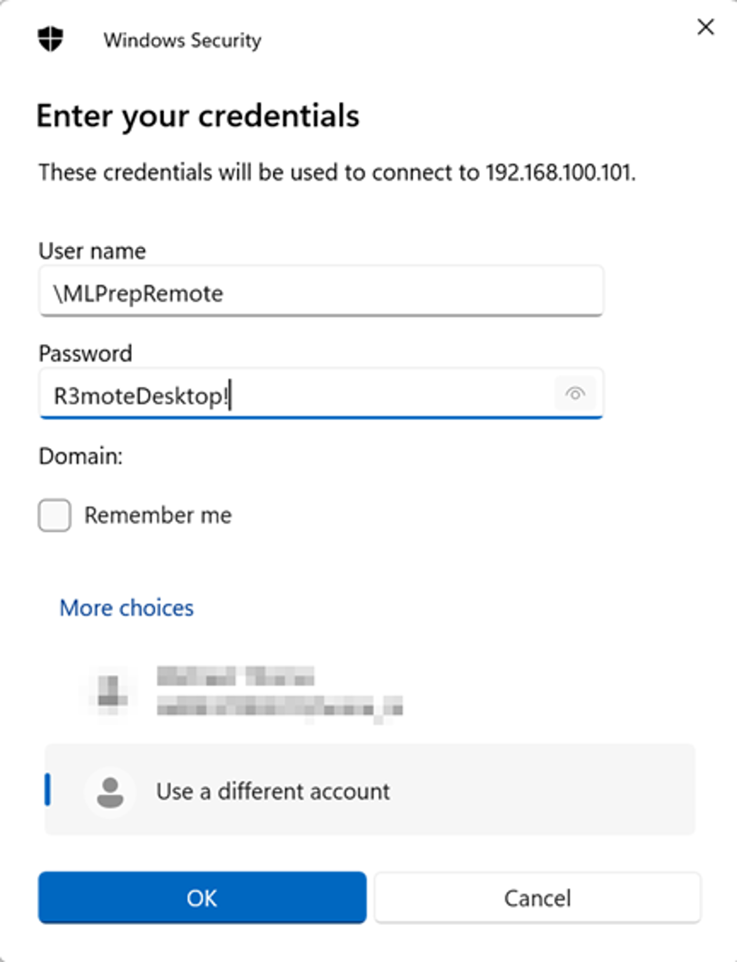 Windows Security dialog prompting credentials for 192.168.100.101 with username \MLPrepRemote and password entered