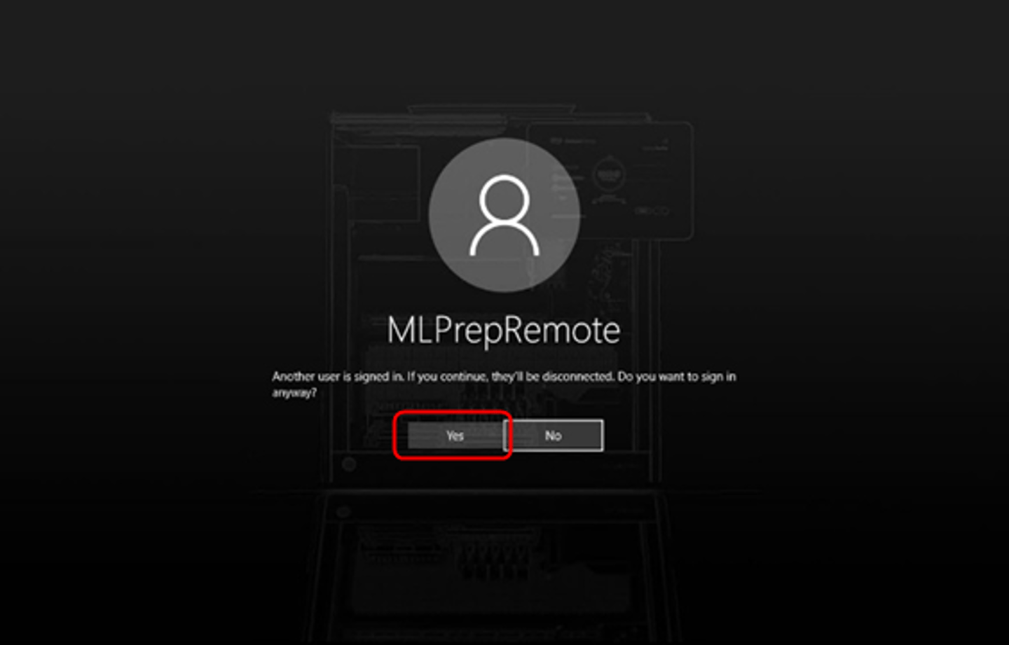 Windows login prompt for MLPrepRemote user account with "Yes" button highlighted to disconnect another signed-in user.