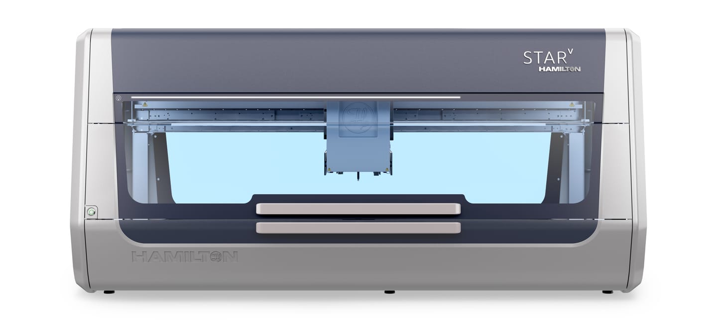 Hamilton STAR V automated liquid handler, front view, closed, with pipetting arm visible through transparent panel