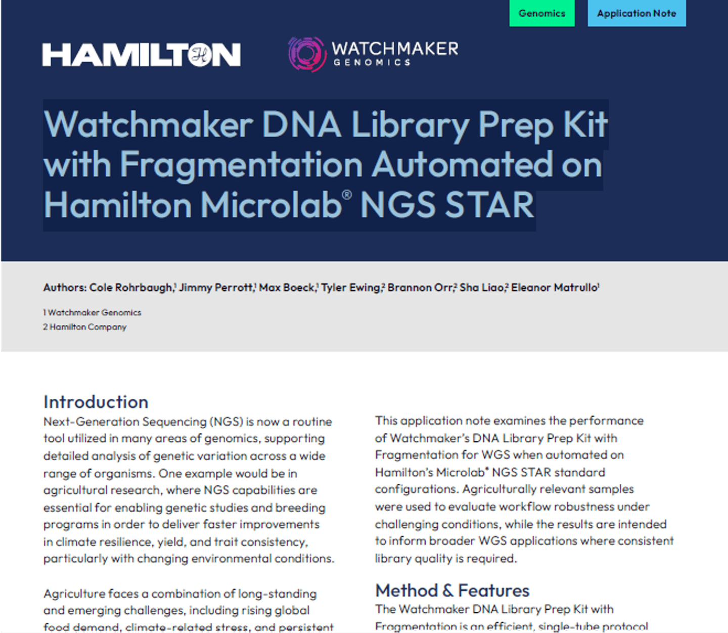 Application note titled "Watchmaker DNA Library Prep Kit with Fragmentation Automated on Hamilton Microlab® NGS STAR"
