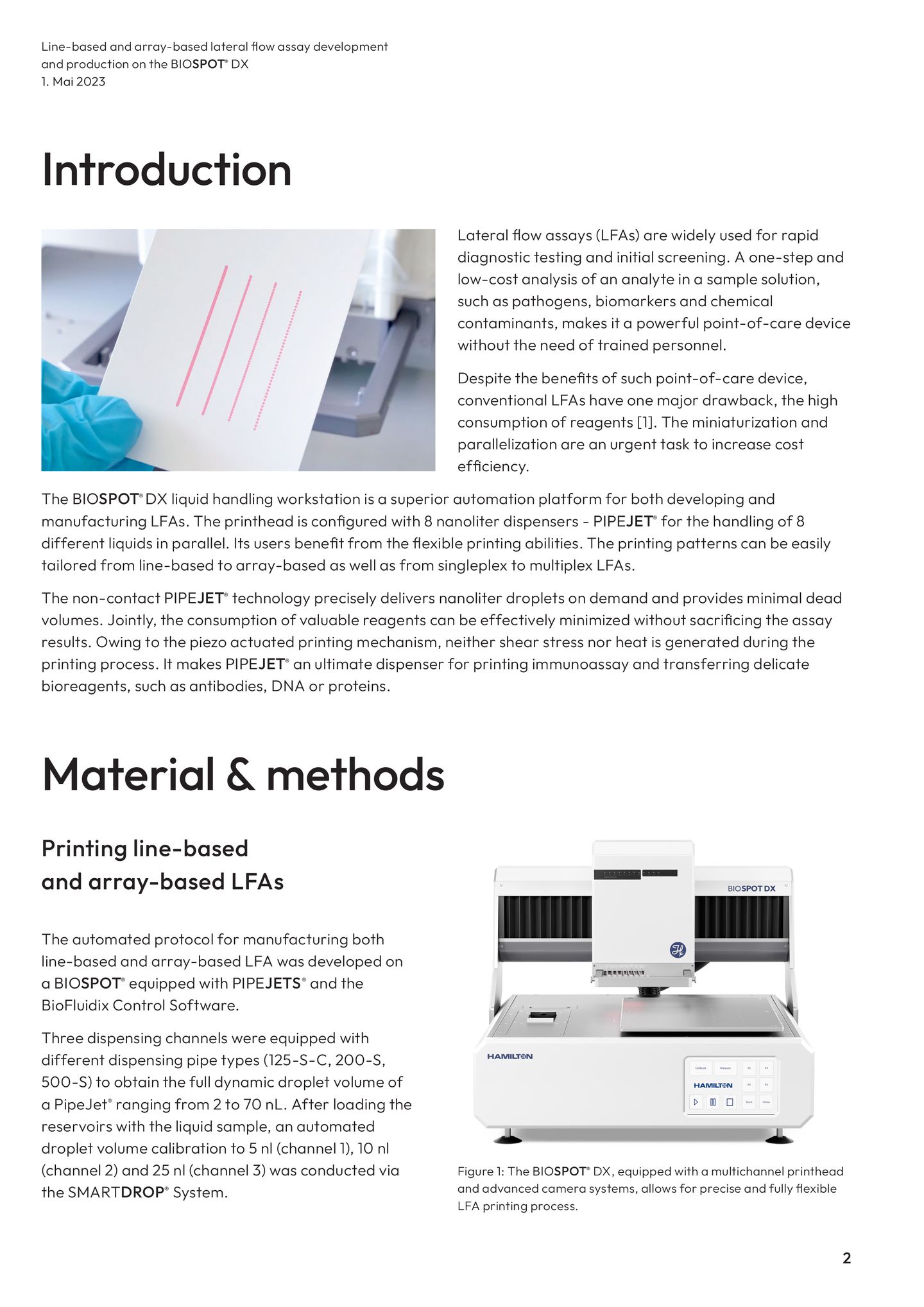 Gloved hand placing a lateral flow assay strip with pink test lines under an automated dispenser