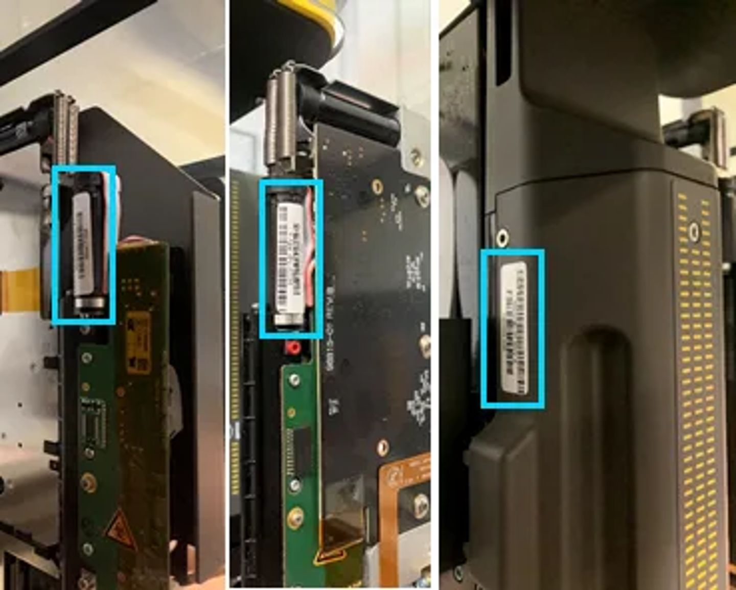 Three close-up photos showing barcode label stickers on liquid handling instrument channels, highlighted with blue rectangles.