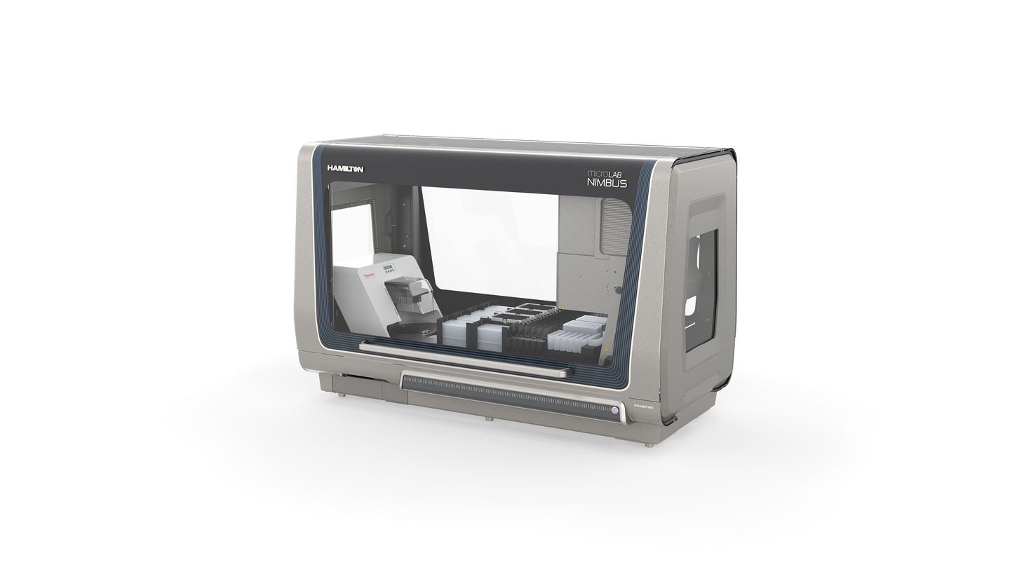 Hamilton MicroLab NIMBUS automated liquid handling workstation with open front view showing deck with plates and tips