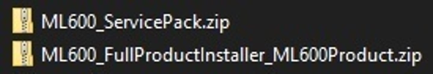 Two zip file icons labeled ML600_ServicePack.zip and ML600_FullProductInstaller_ML600Product.zip