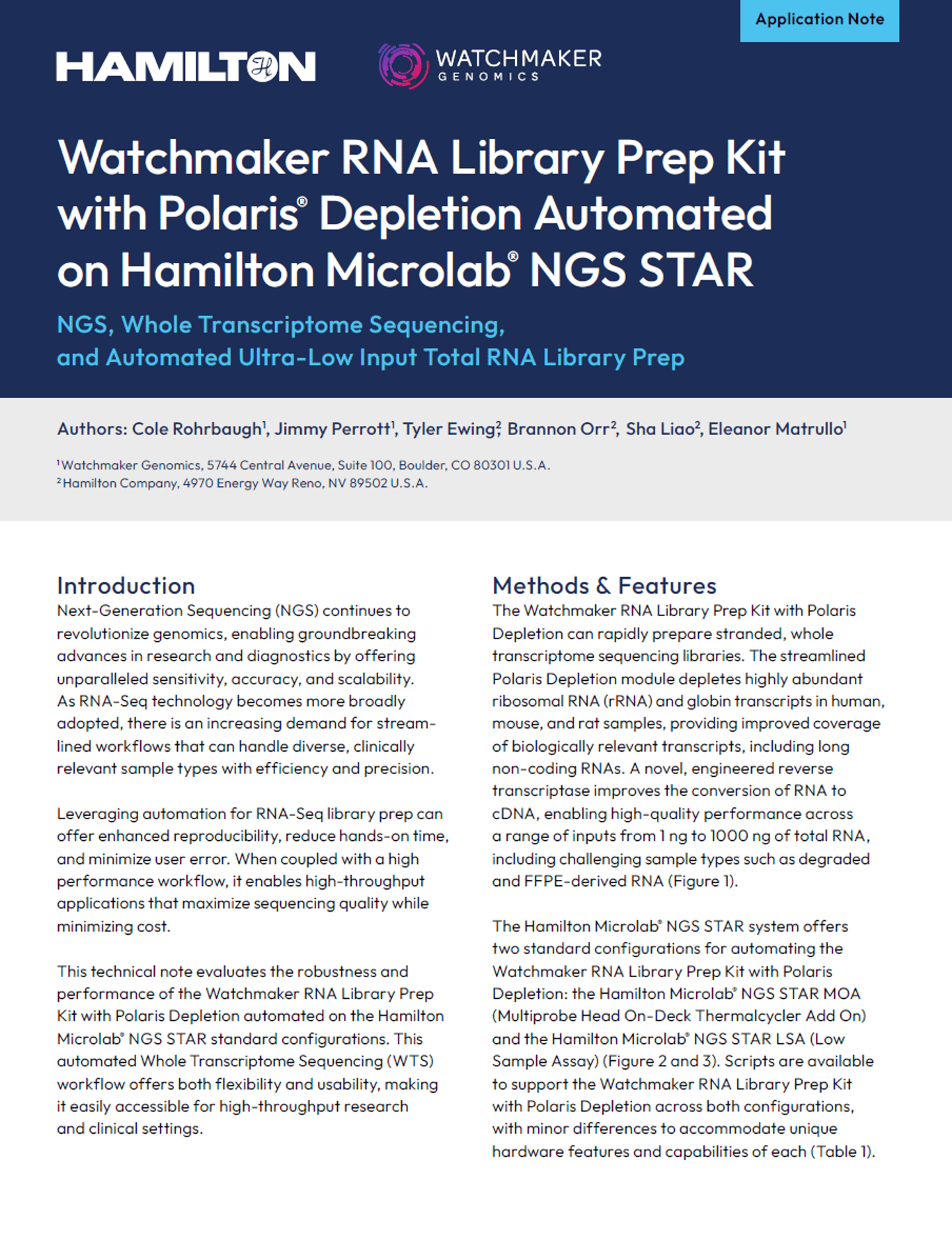 Application note cover for Watchmaker RNA Library Prep Kit with Polaris Depletion automated on Hamilton Microlab NGS STAR