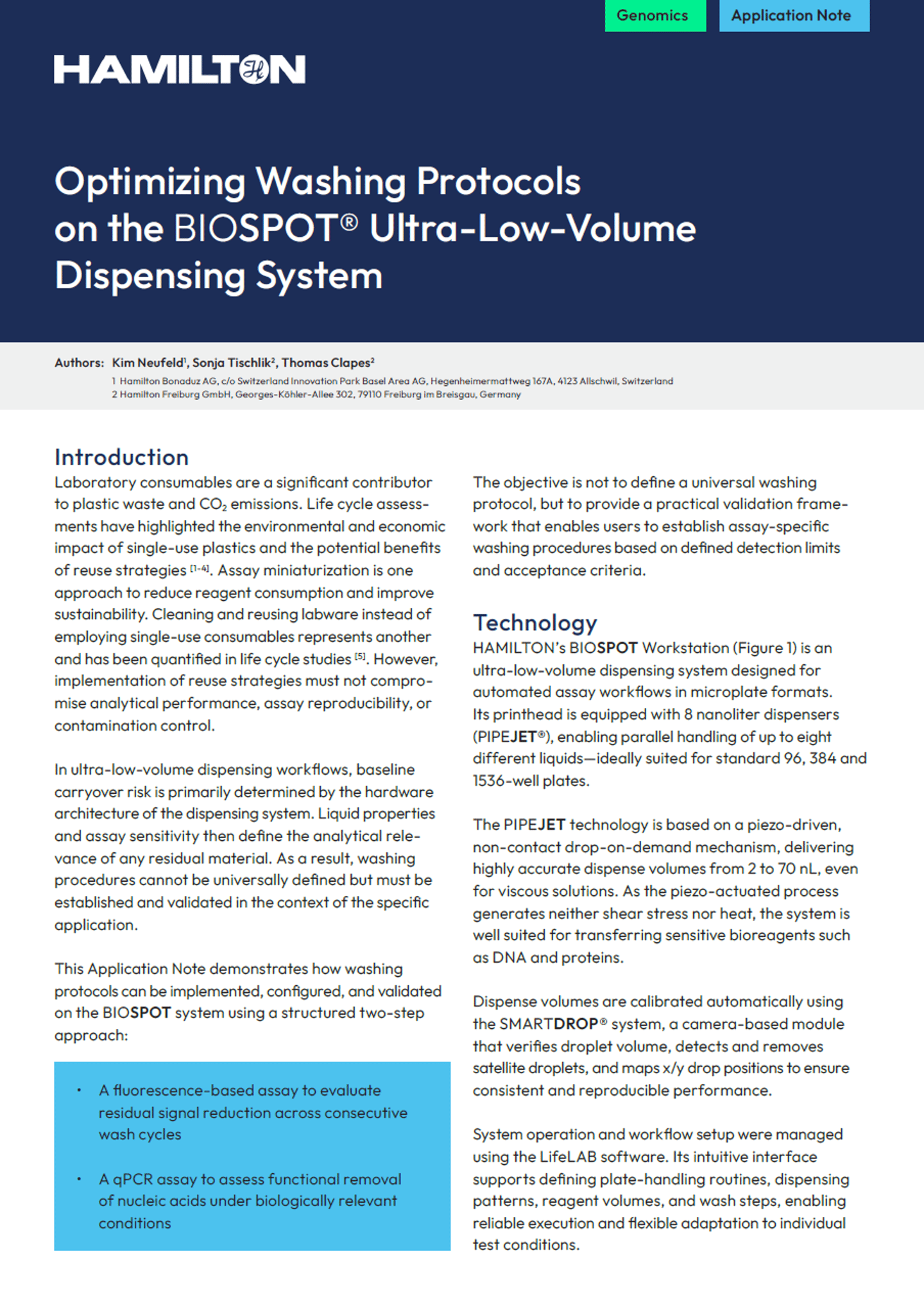 Hamilton application note cover titled "Optimizing Washing Protocols on the BIOSPOT® Ultra-Low-Volume Dispensing System"