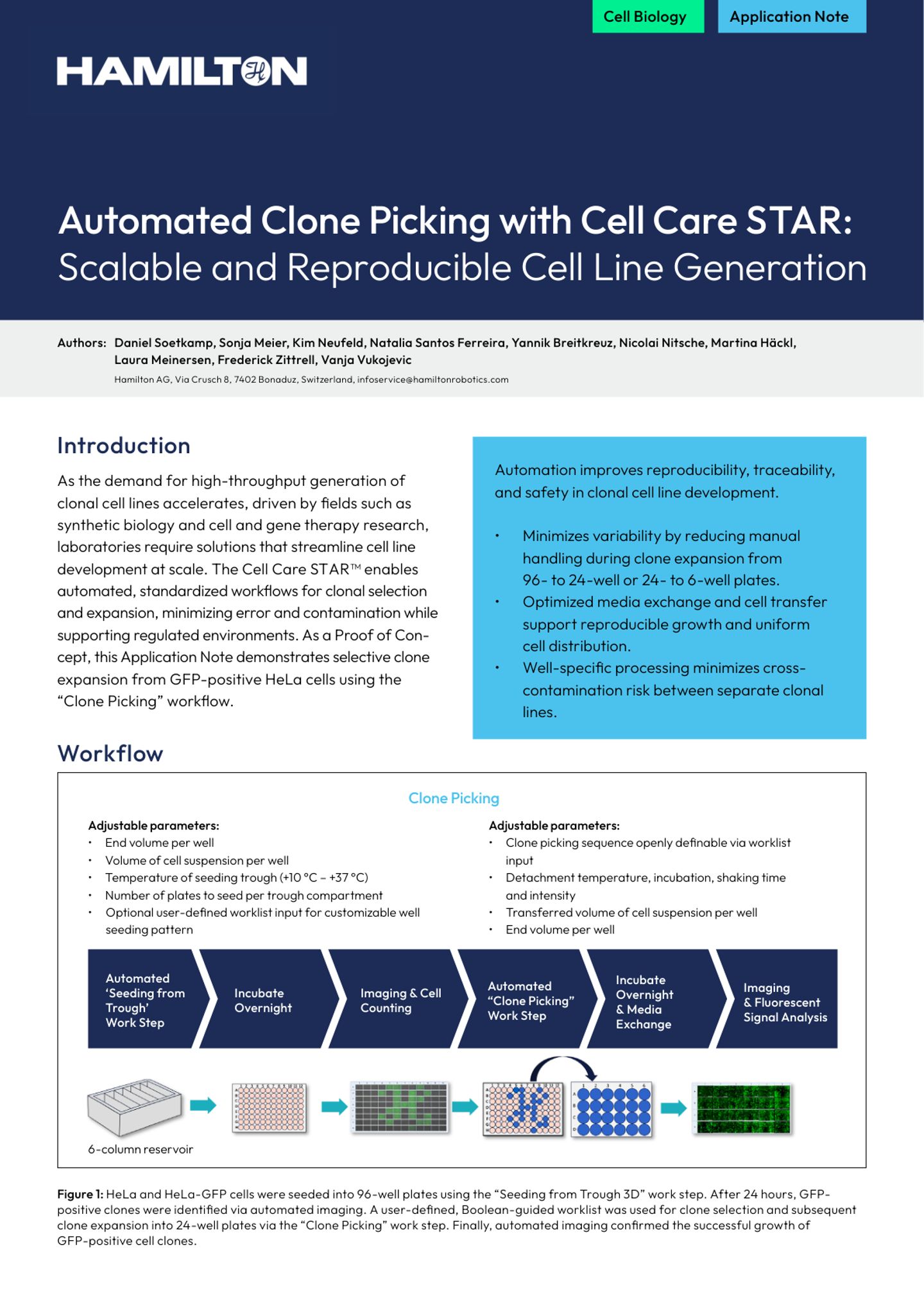 Hamilton Cell Care STAR automated clone picking application note cover with workflow diagram and bullet points