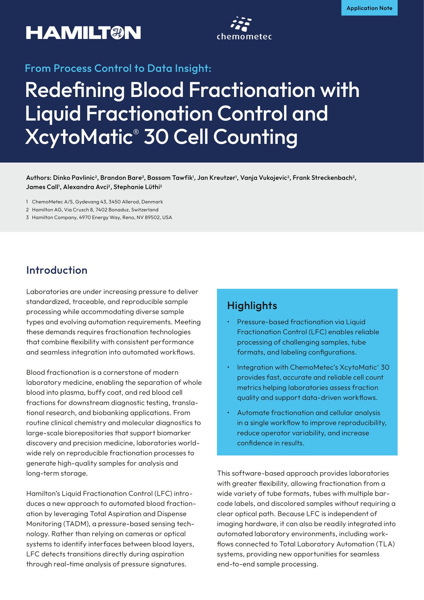 Application note cover: "Redefining Blood Fractionation with Liquid Fractionation Control and XcytoMatic® 30 Cell Counting"