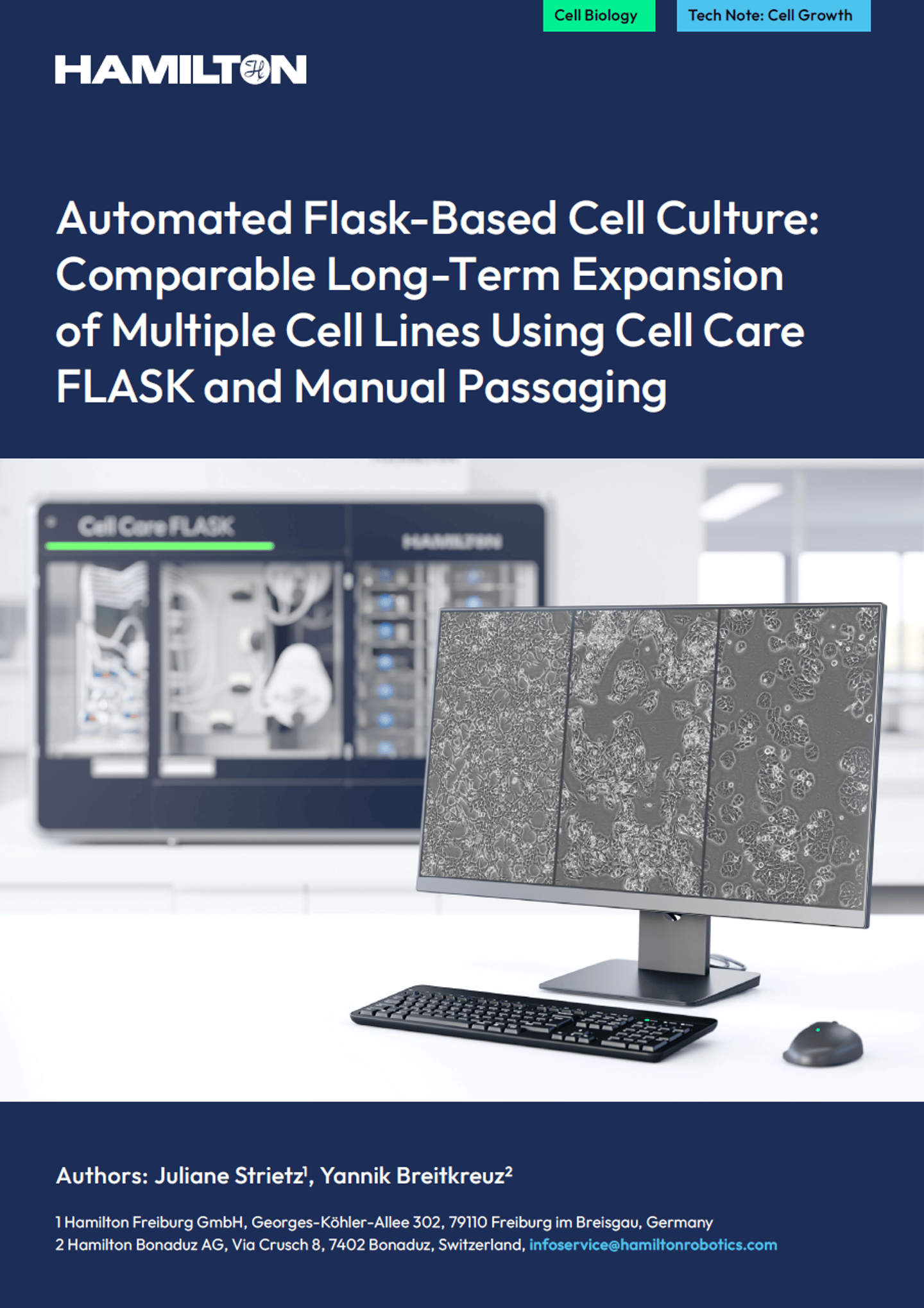 Cover of Hamilton tech note on automated flask-based cell culture showing a monitor displaying Cell Care FLASK software and microscopy images of cells.