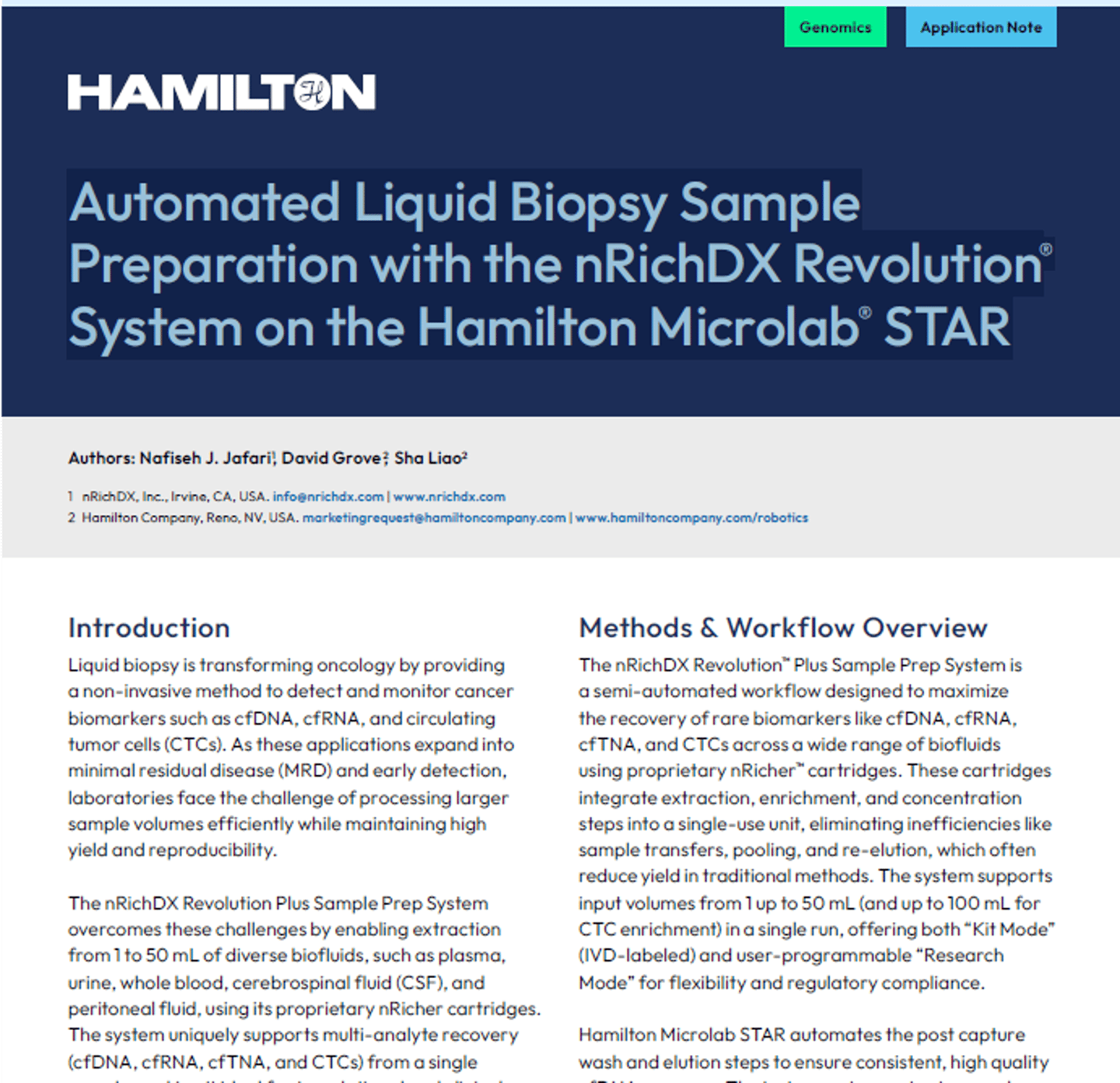 Hamilton application note titled "Automated Liquid Biopsy Sample Preparation with the nRichDX Revolution System on the Hamilton Microlab STAR"