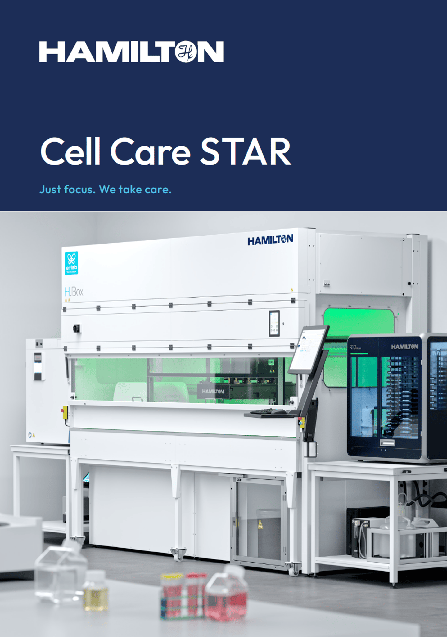 Hamilton Cell Care STAR automated liquid handling workstation with enclosed cabinet and integrated modules in a laboratory setting