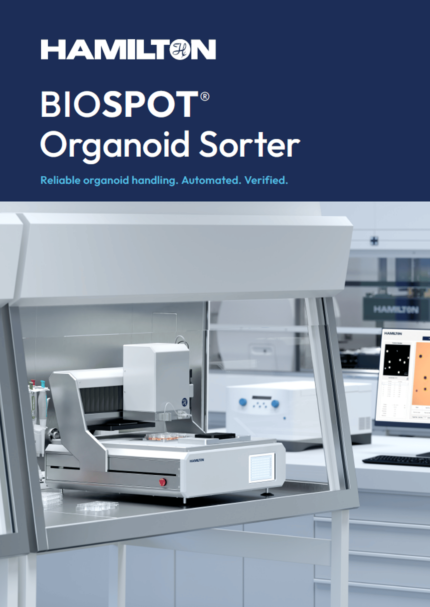 Hamilton BIOSPOT® Organoid Sorter automated workstation inside a laboratory biosafety cabinet with monitor displaying software interface