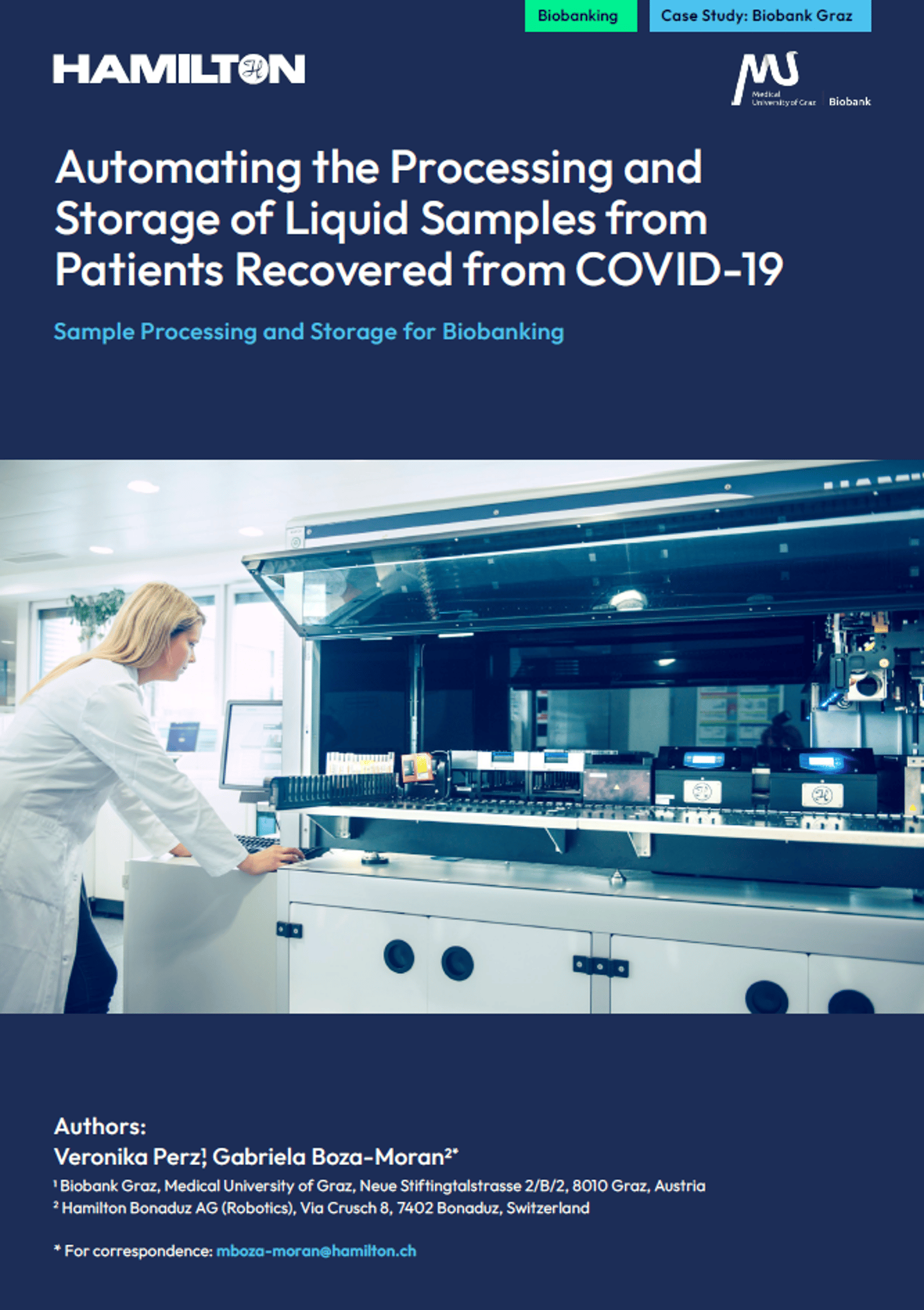 Cover of Hamilton case study on automating COVID-19 biobank sample processing, featuring a lab technician at an automated liquid handling system.