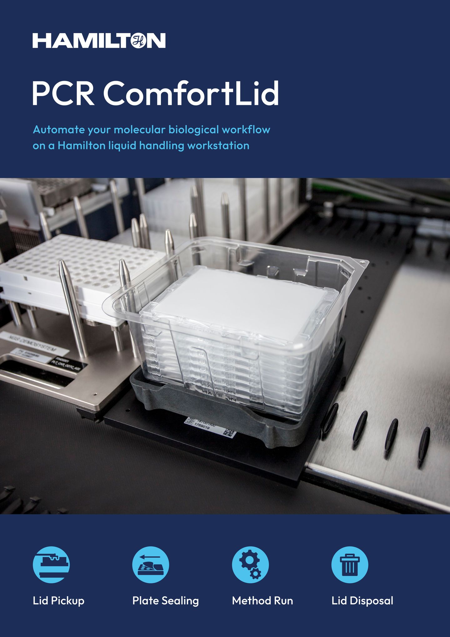 Hamilton PCR ComfortLid brochure cover showing a stack of PCR plates in a clear storage container on a liquid handling workstation deck, with icons for Lid Pickup, Plate Sealing, Method Run, and Lid Disposal