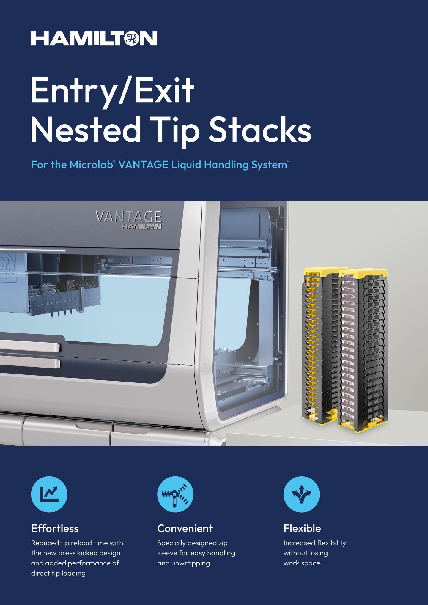 Hamilton Microlab VANTAGE liquid handling system beside two Entry/Exit Nested Tip Stacks with yellow tops and loaded tip trays