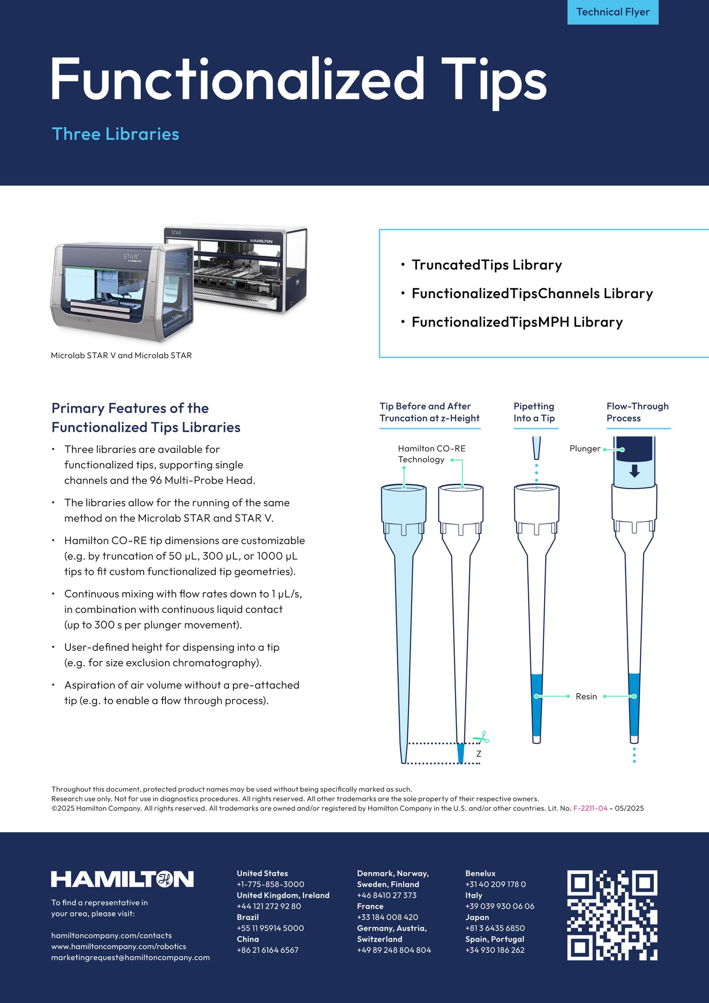 Technical flyer for Hamilton Functionalized Tips showing Microlab STAR V and STAR automated liquid handlers, tip truncation diagrams, pipetting and flow-through process illustrations