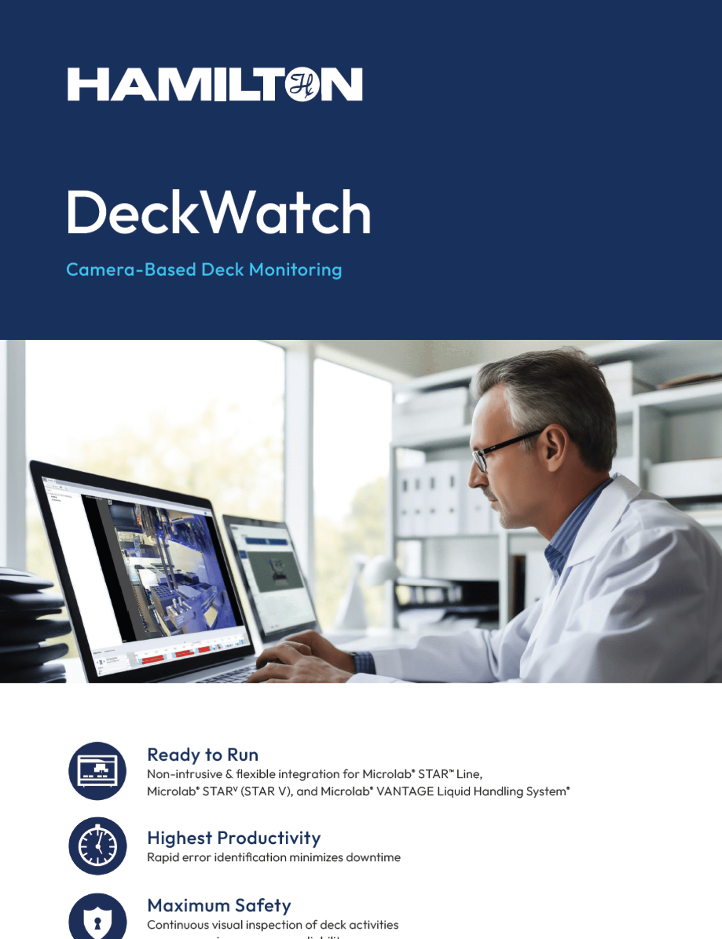 Scientist in lab coat reviews DeckWatch camera-based deck monitoring software on a laptop