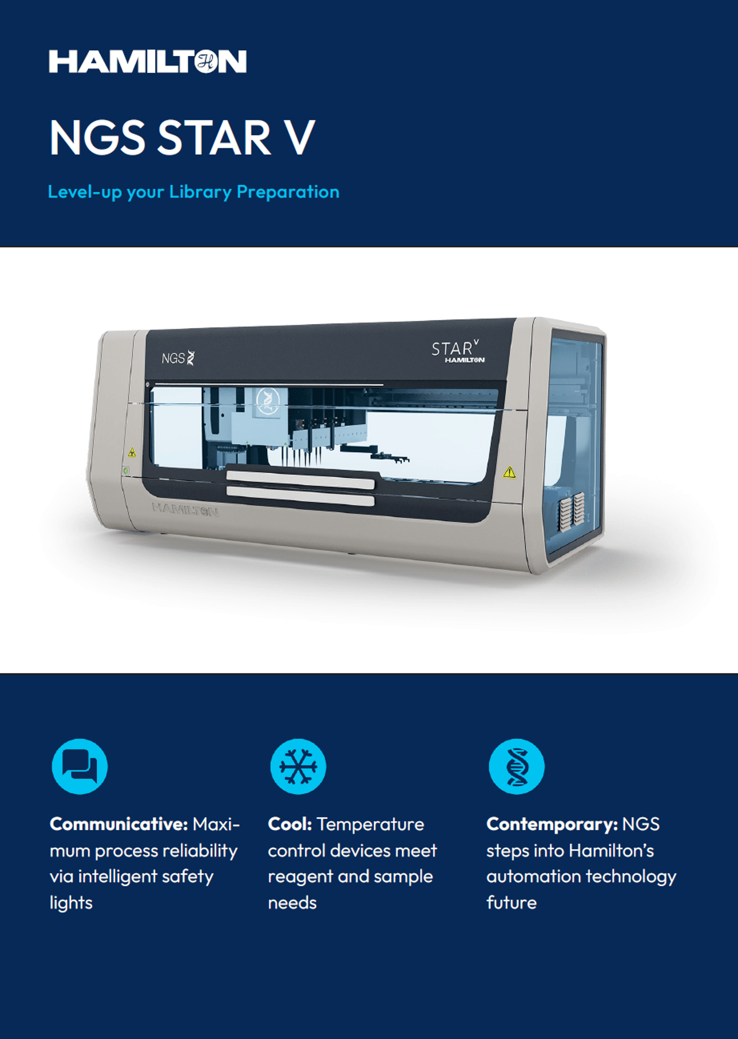 Hamilton NGS STAR V automated liquid handler with transparent enclosure on a product brochure cover