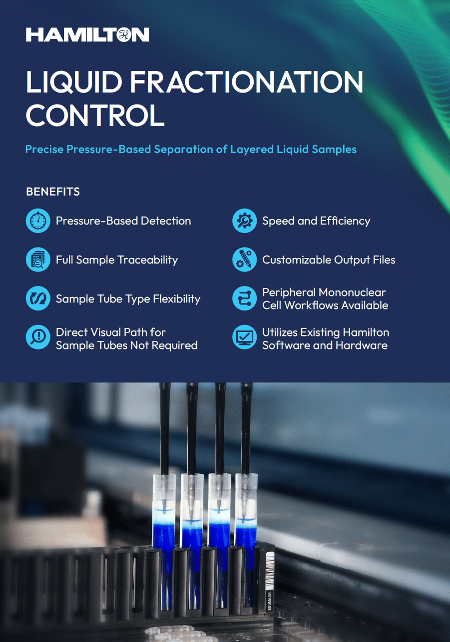 Hamilton Liquid Fractionation Control promotional graphic with benefits list and photo of layered blue liquid samples in tubes with pipette tips inserted