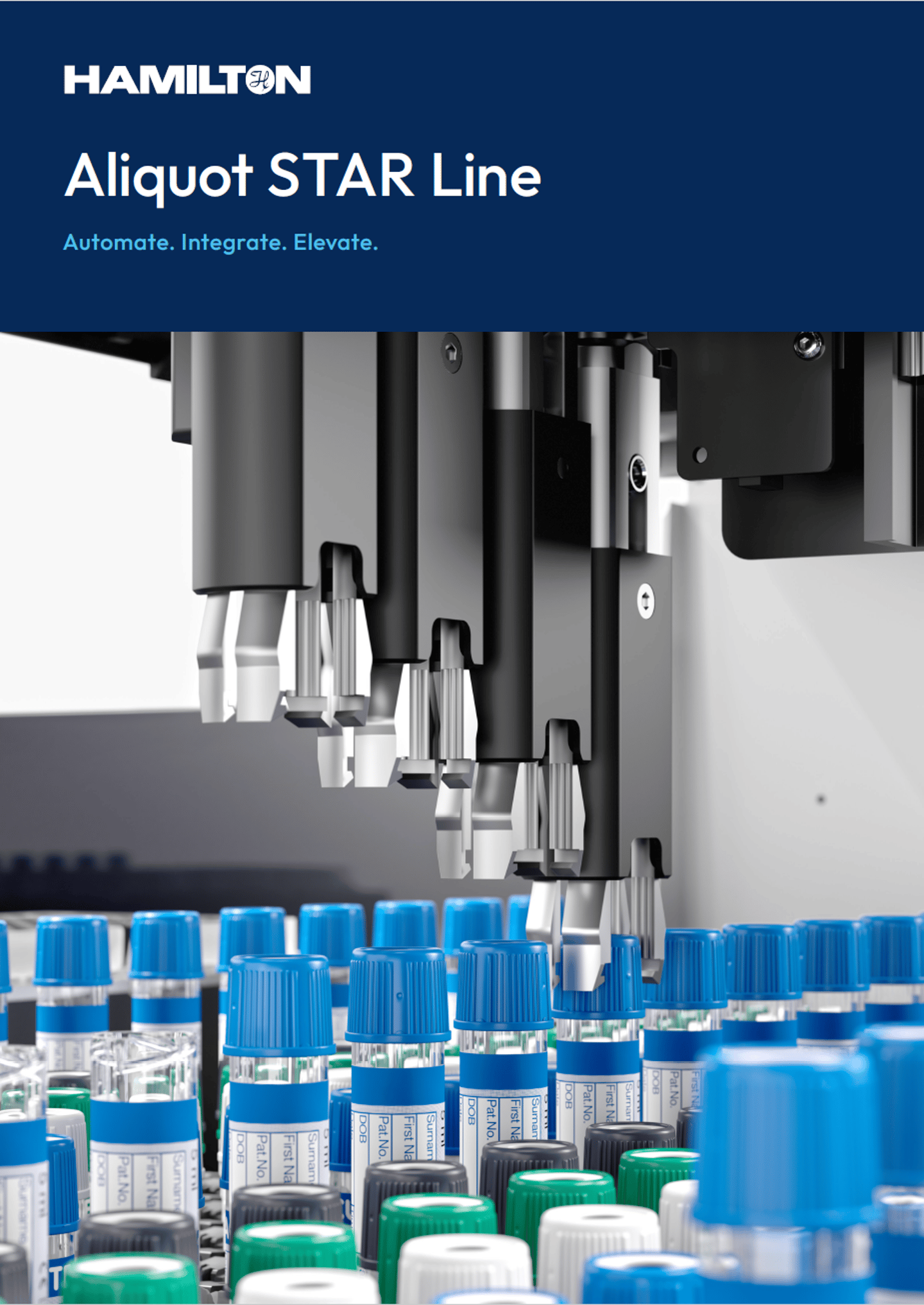 Hamilton Aliquot STAR Line automated liquid handler pipetting arms positioned above rows of labeled sample tubes with blue, green, and white caps