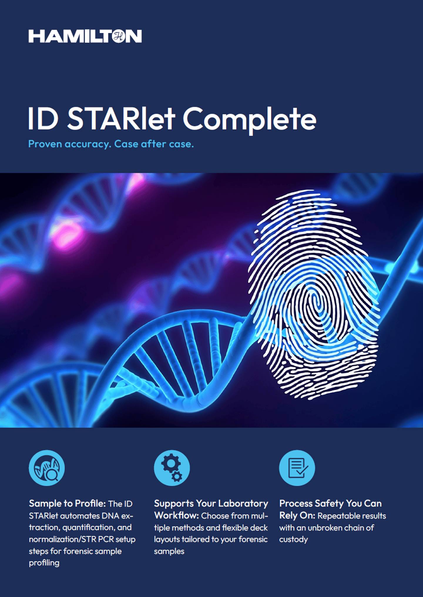 ID STARlet Complete brochure cover with a DNA double helix and fingerprint graphic overlay