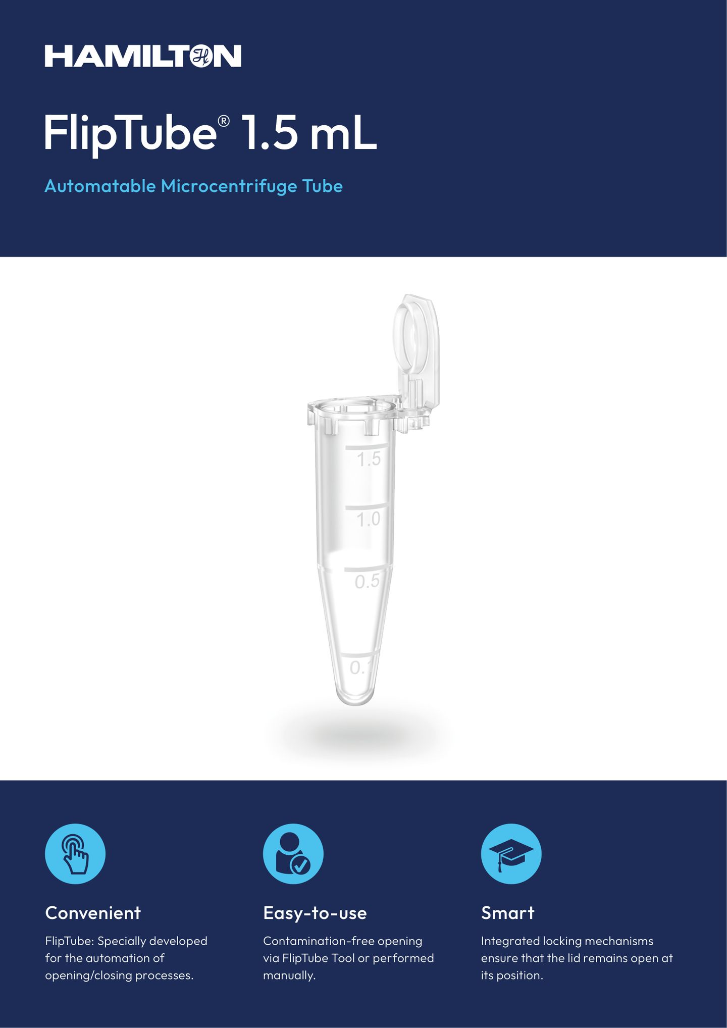 Hamilton FlipTube 1.5 mL microcentrifuge tube with open lid, showing volume graduations at 0.5, 1.0, and 1.5 mL