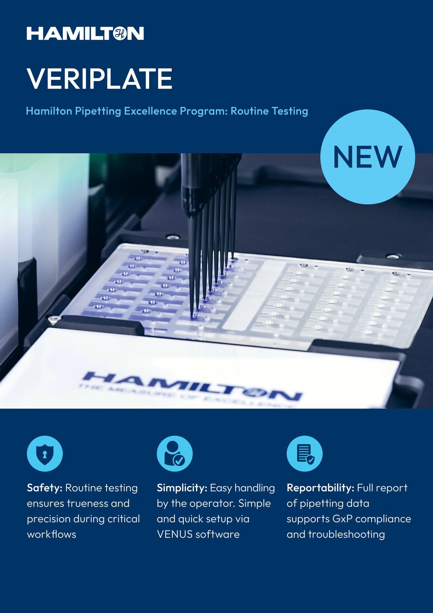 Hamilton VERIPLATE brochure cover showing automated liquid handler pipetting into a microplate, with safety, simplicity, and reportability icons
