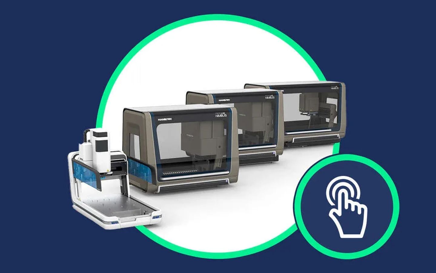 Hamilton microlab NIMBUS automated liquid handlers shown with open and enclosed enclosure configurations
