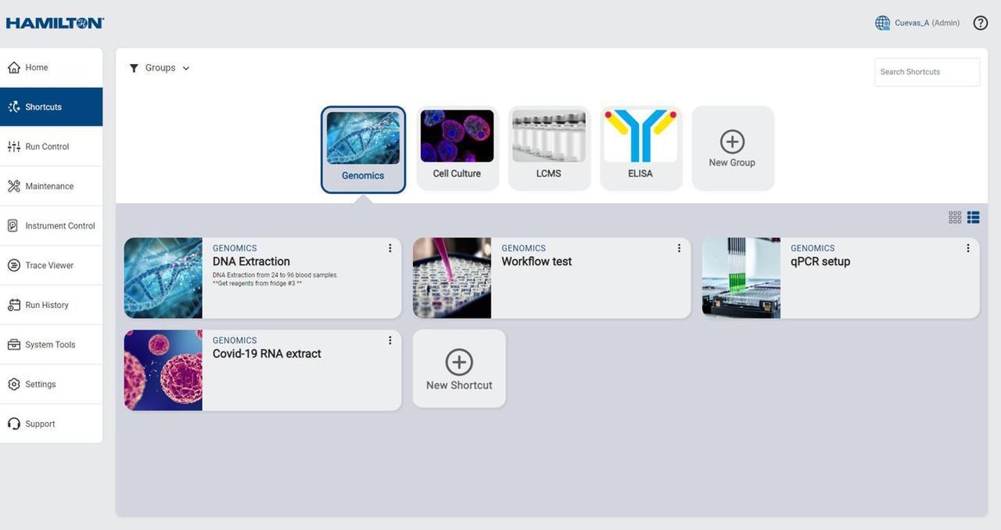 Hamilton software dashboard showing genomics, cell culture, LCMS, and ELISA workflow shortcut tiles with navigation menu
