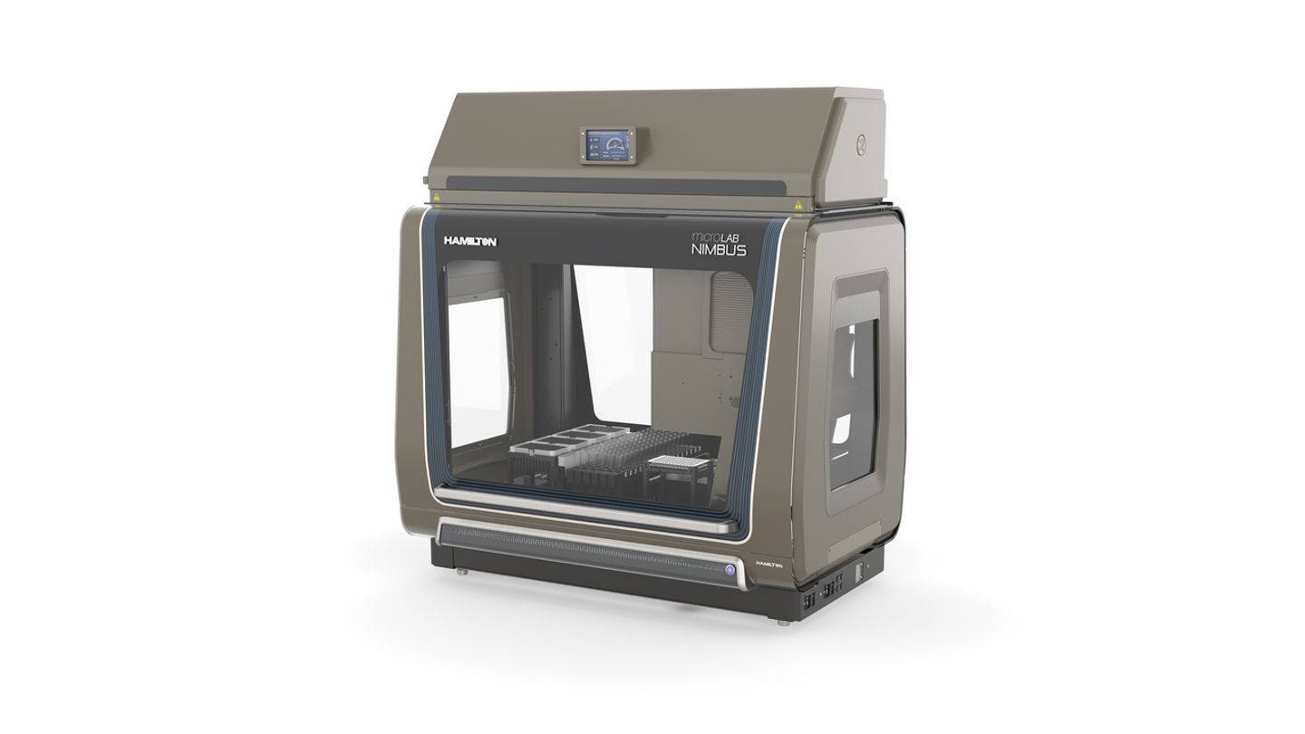 Hamilton microLab NIMBUS automated liquid handler with open front enclosure and deck with labware