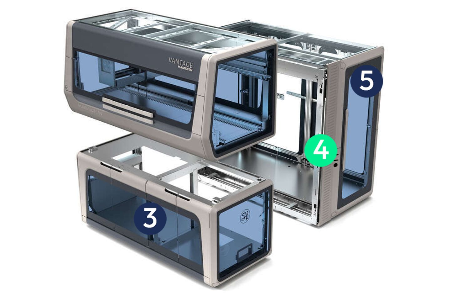 Three Hamilton Vantage modular instrument enclosures shown disassembled, labeled 3, 4, and 5.