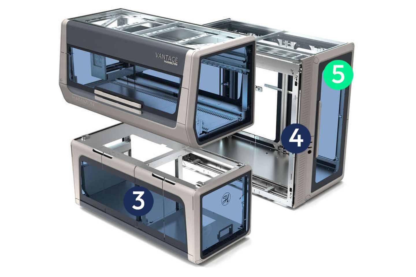Hamilton Vantage liquid handler with numbered modular cabinet components labeled 3, 4, and 5