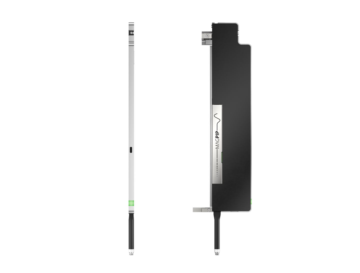 Front and side views of a slim magnetic pipette device with green indicator and cable