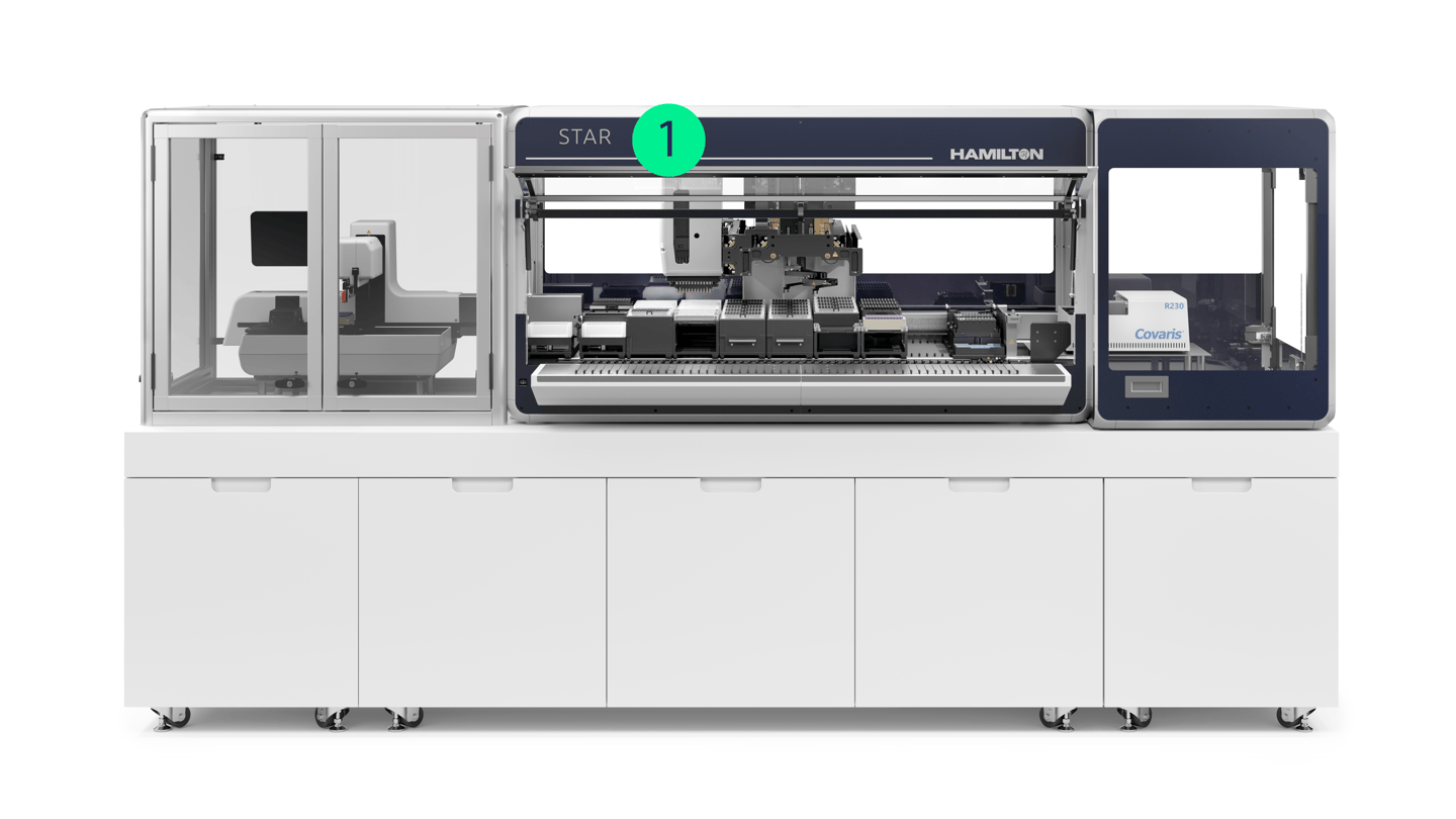 Hamilton STAR automated liquid handler integrated with a Covaris R230 module on a shared white bench platform