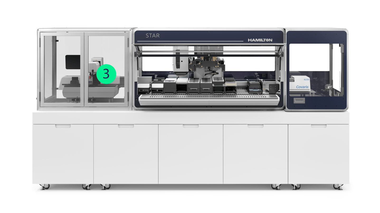 Hamilton STAR automated liquid handler integrated with a Covaris R230 sonicator module, mounted on a shared white cabinet base