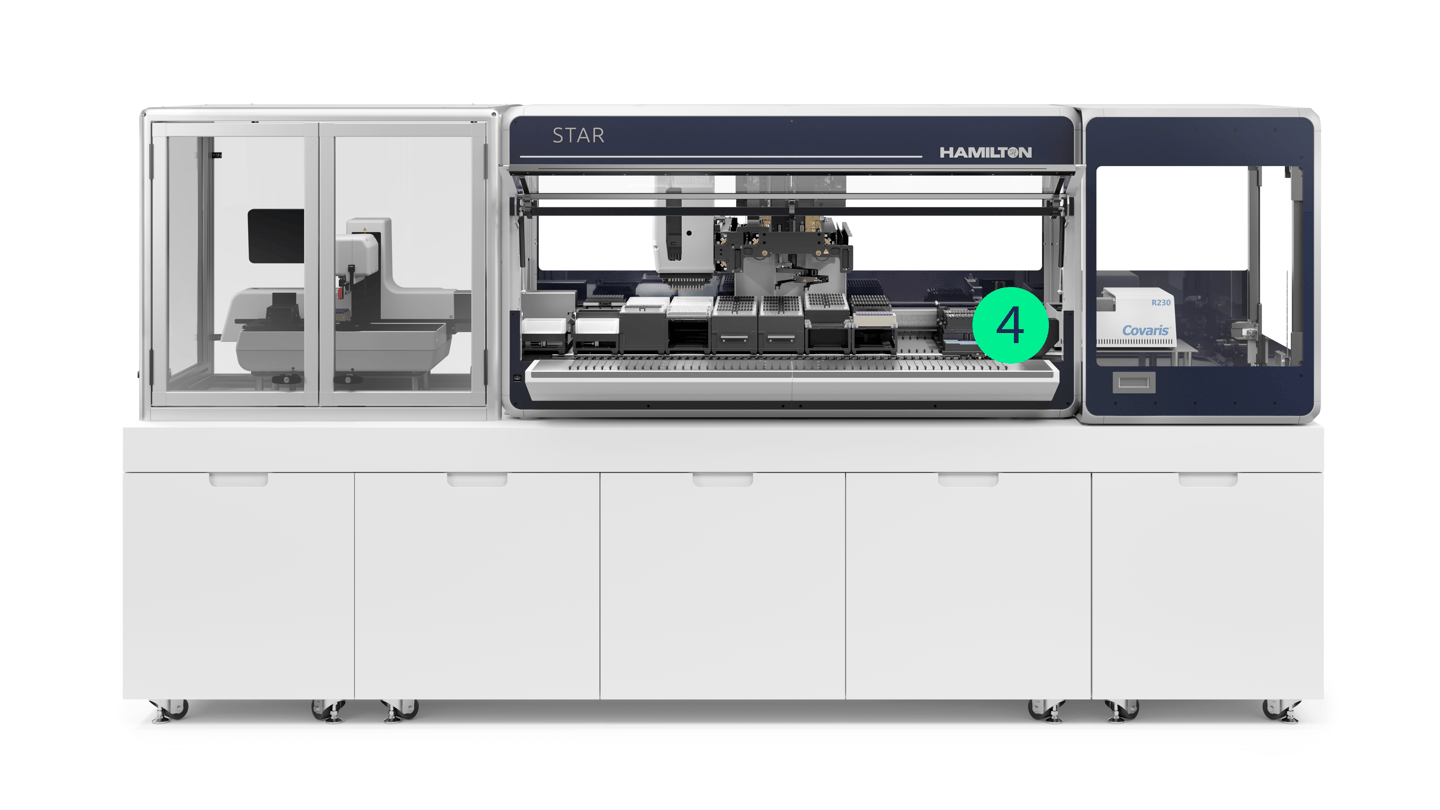 Hamilton STAR automated liquid handler with Covaris R230 module and an additional enclosure on a shared bench