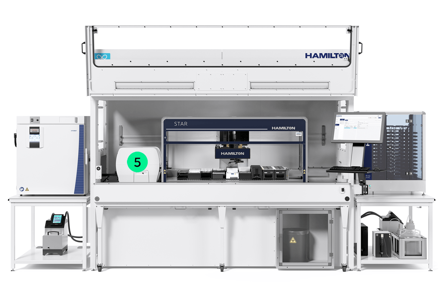 Hamilton STAR automated liquid handler workstation with integrated cell imager, storage unit, and computer monitor
