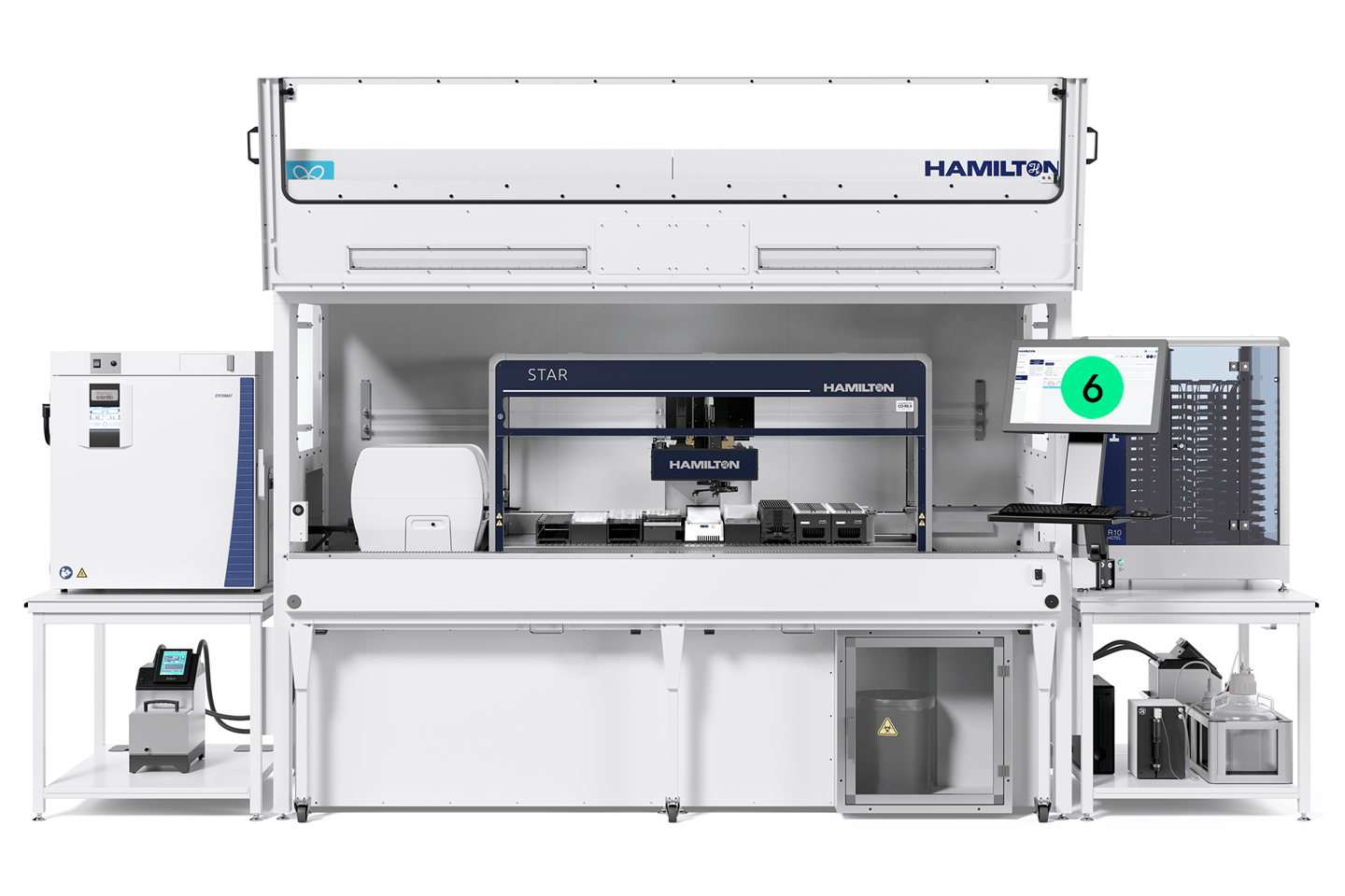 Hamilton STAR automated liquid handler workstation with integrated modules, monitor displaying software interface, and sample storage unit