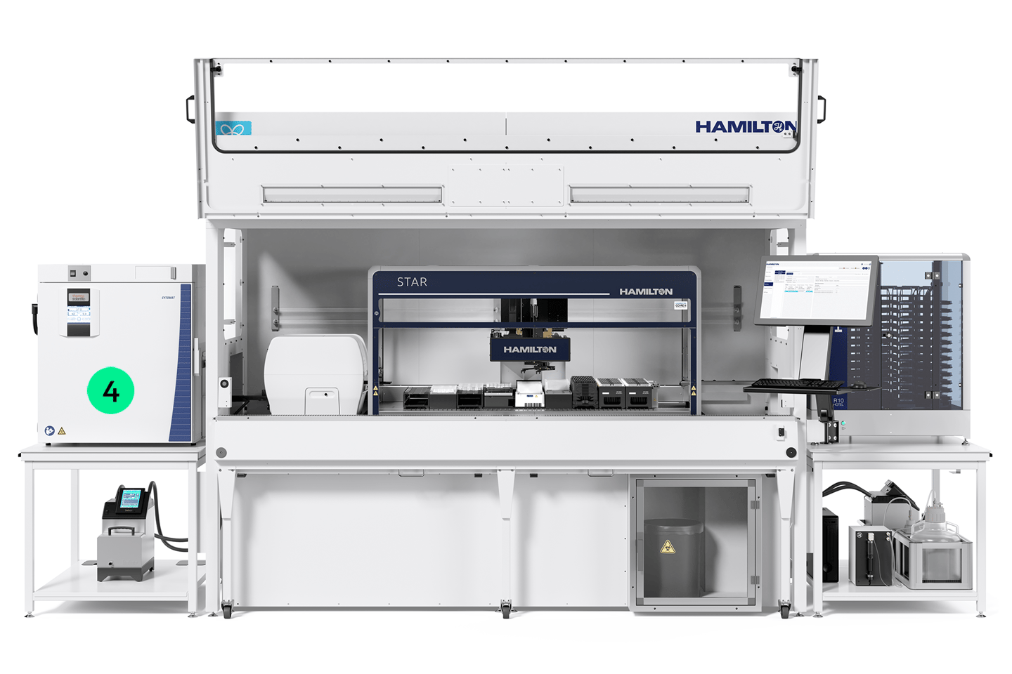 Hamilton STAR automated liquid handler workstation with Cytomat incubator, computer monitor, and peripheral lab devices