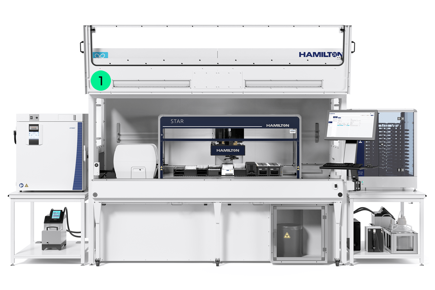 Hamilton STAR automated liquid handler inside a ventilated enclosure with integrated workstation and peripheral modules