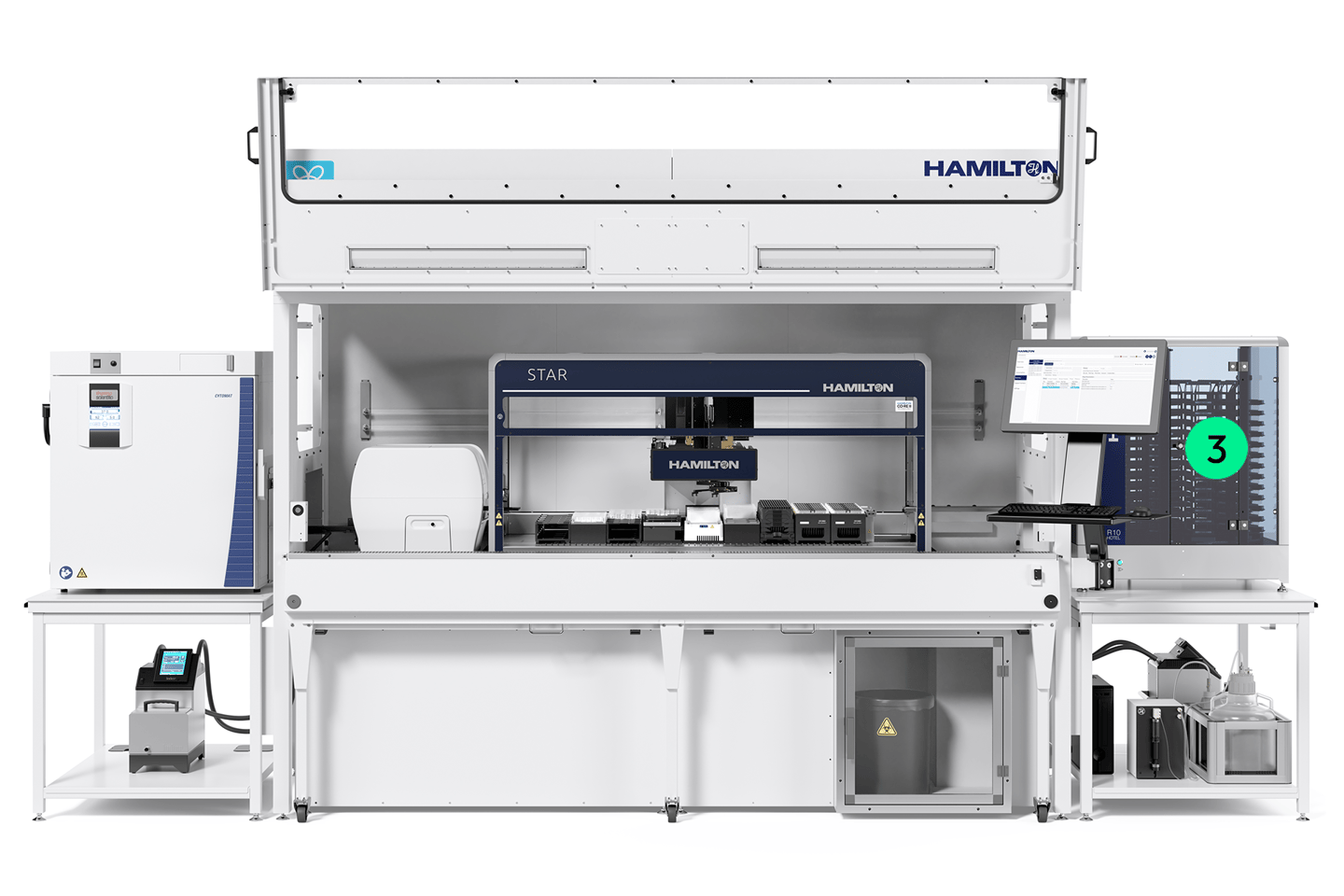 Hamilton STAR automated liquid handler workstation with plate hotel, monitor, freezer, and ancillary modules