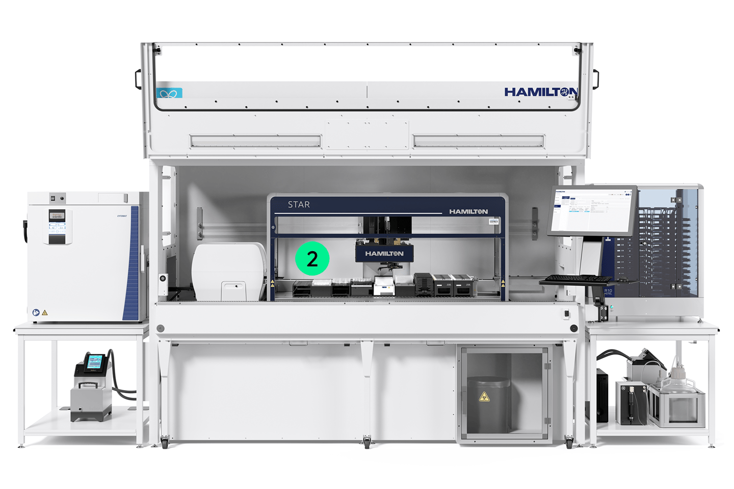 Hamilton STAR automated liquid handler workstation with enclosure, freezer, computer monitor, and peripheral modules