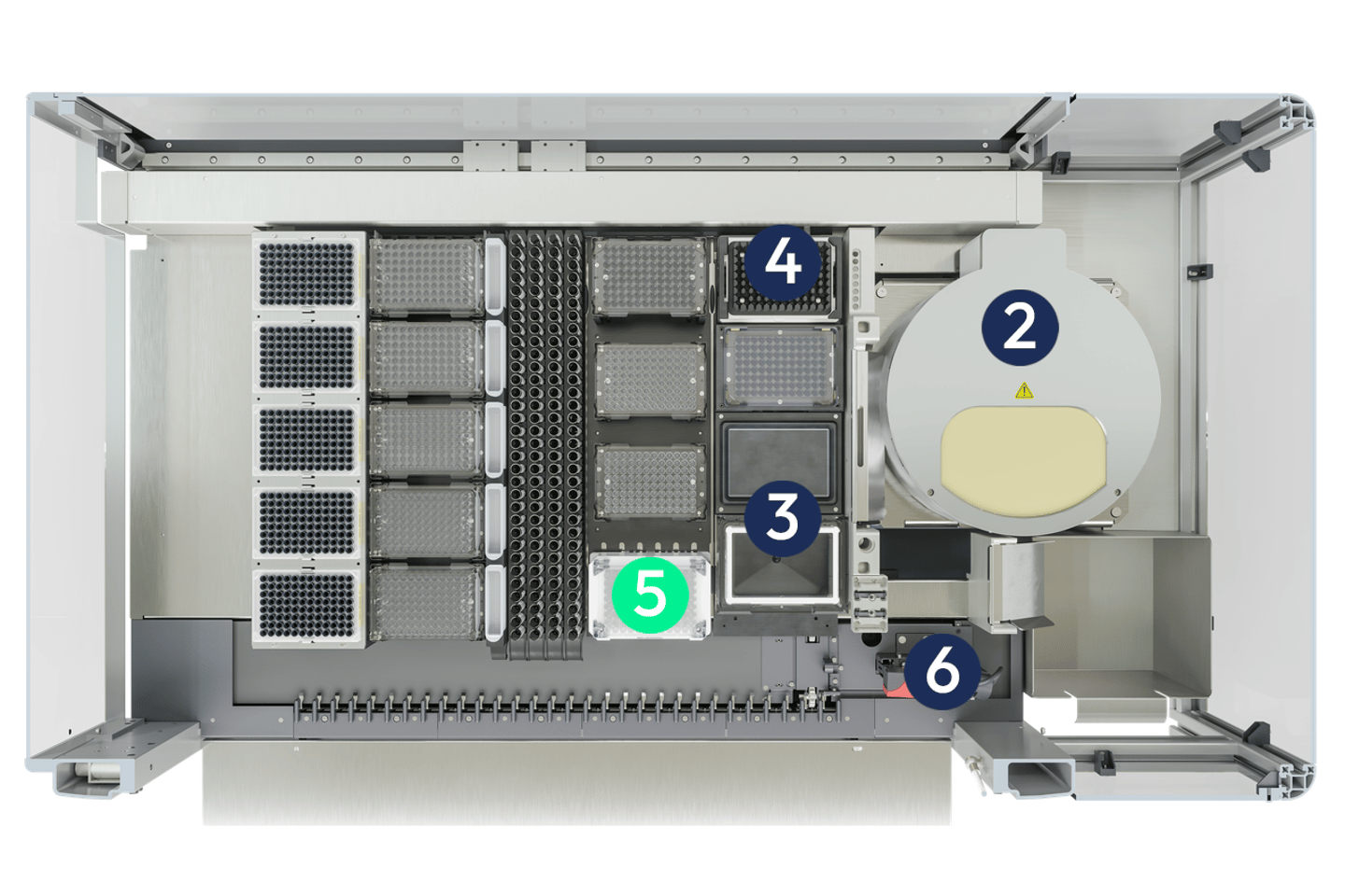 Top-down view of an open automated liquid handling workdeck with numbered components: pipette tip racks, microplate positions, a robotic arm, and a circular device.