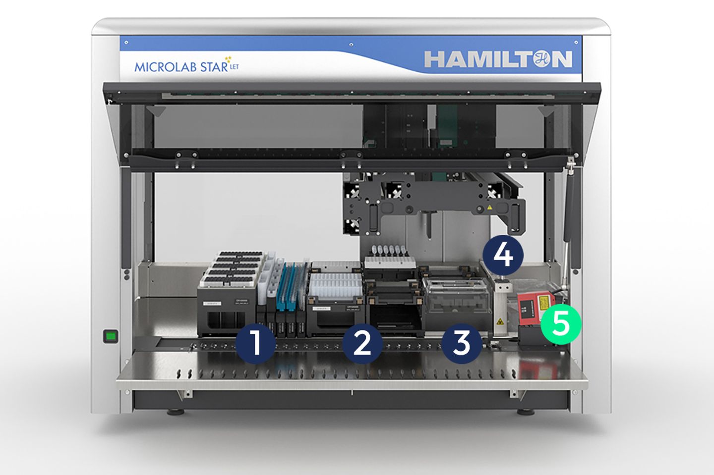 Hamilton Microlab STAR LET automated liquid handler with 5 labeled deck positions and pipetting arm