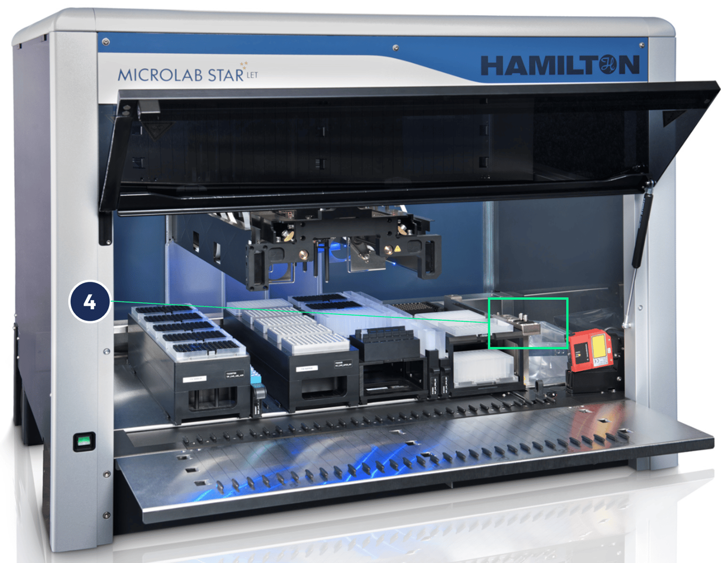 Hamilton Microlab STAR LET automated liquid handler with open deck showing tip racks, plate carriers, and labeled component 4
