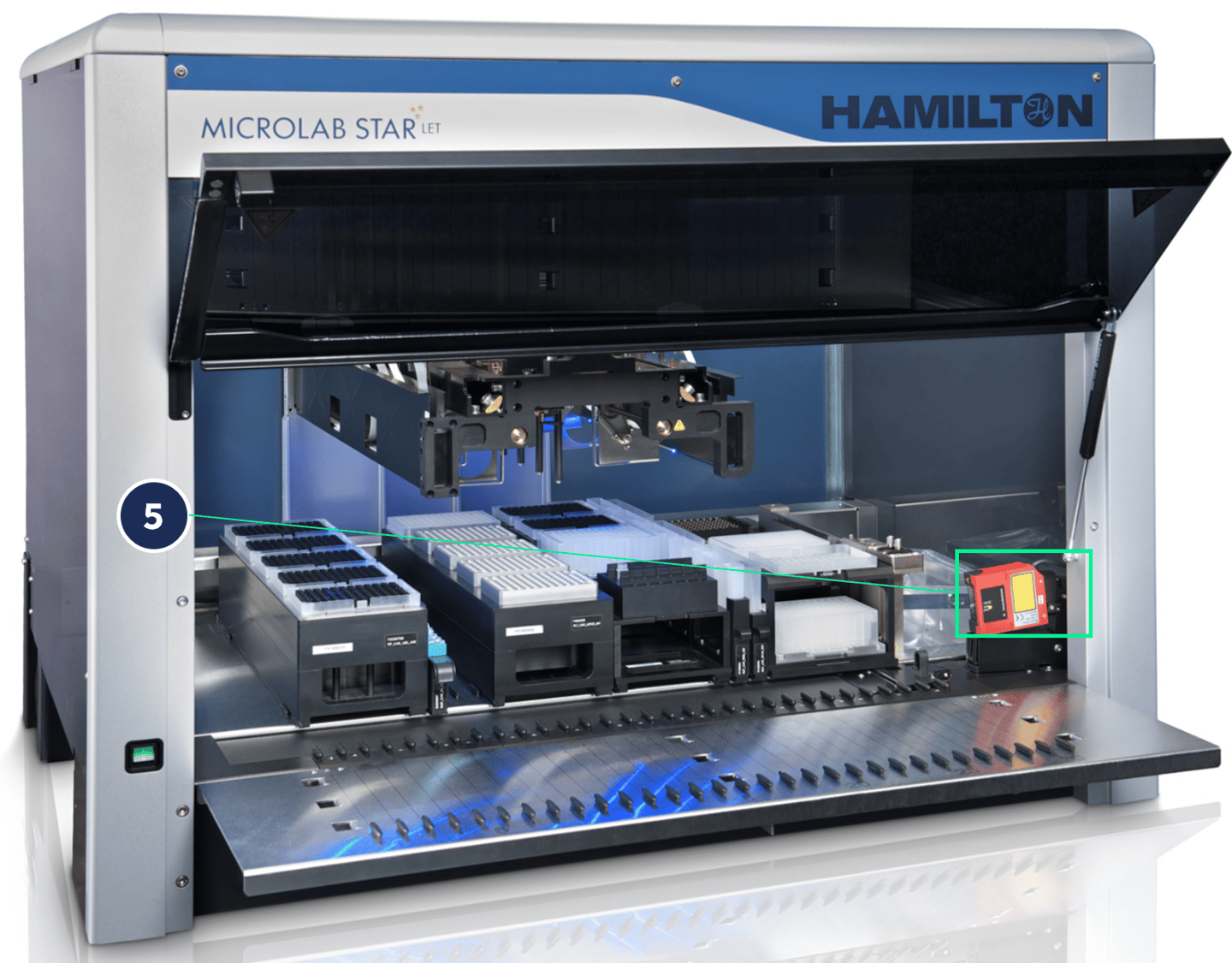 Hamilton Microlab STAR LET automated liquid handler with open deck, showing labeled component 5 with autoload module highlighted